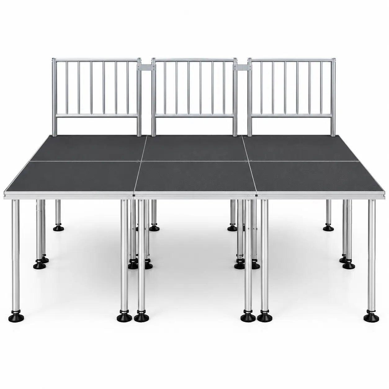 Raised modular stage with safety railings
